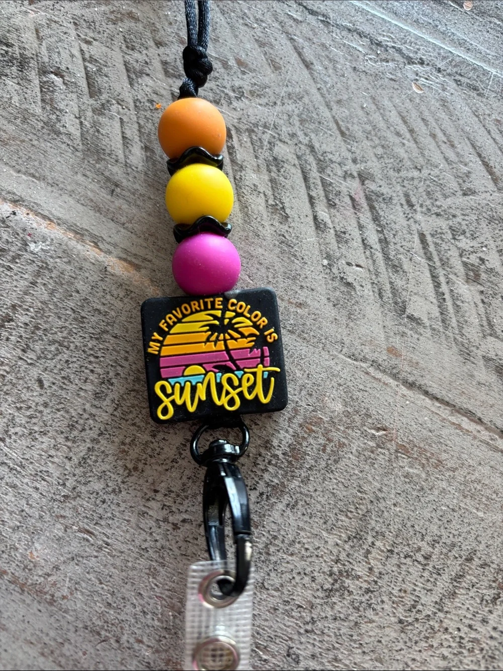 Cruise ID Badge Lanyard with - Black Cord, Yellow/Purple/Orange Beads